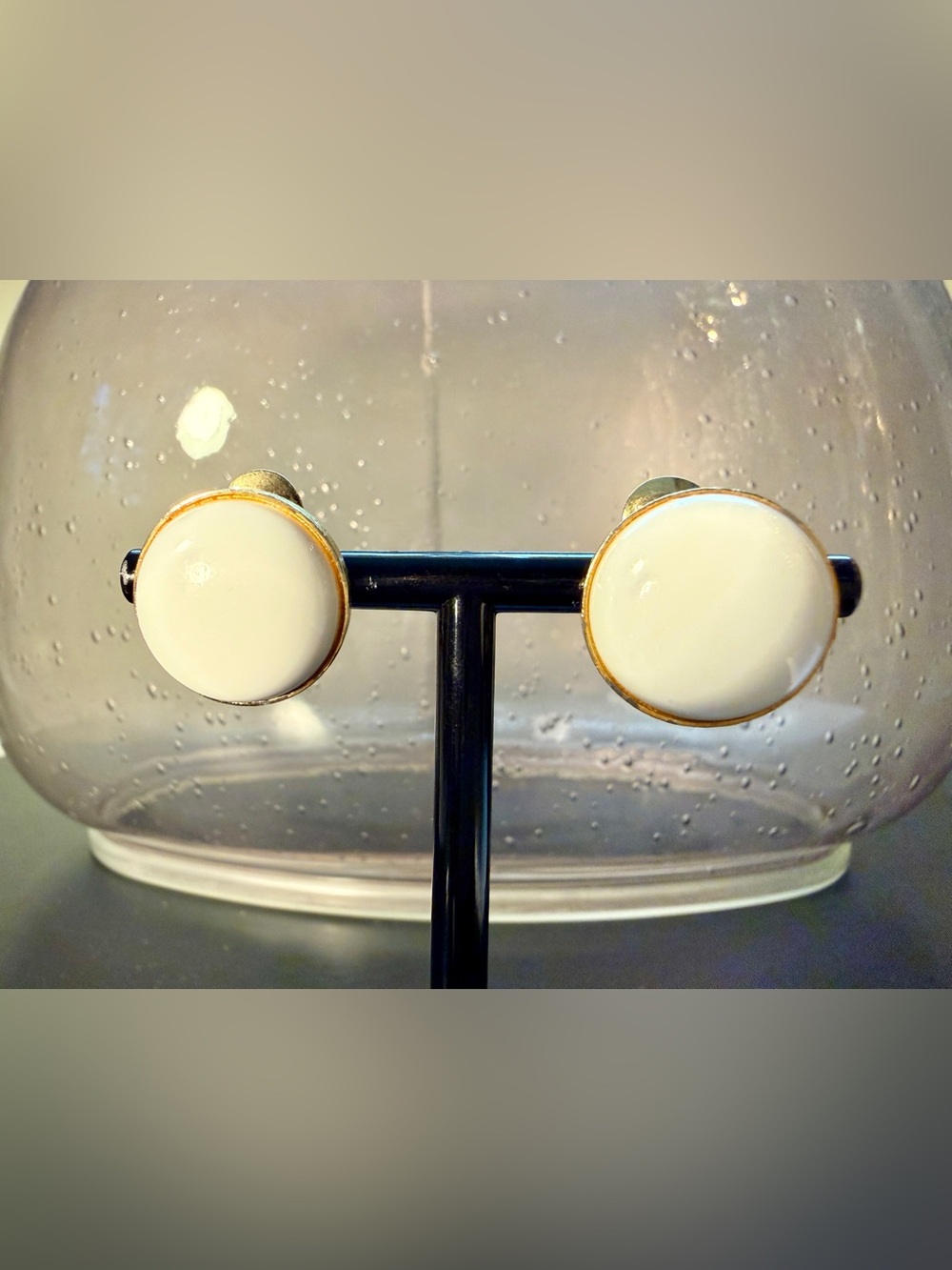 Vintage Signed Monet Gold Tone White Dome Button Clip On Earrings